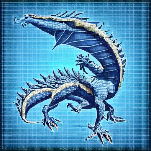 blue blueprint of a fantasy dragon pixel art 