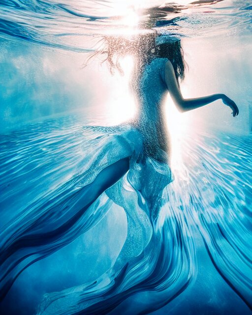 photo of beautiful woman underwater during sunrise, flowing fabric, sunrays, elegant, caustics, rippling water, photoshoot, haunting, iconic, masterpiece, sharp focus, art by  trending on artstation