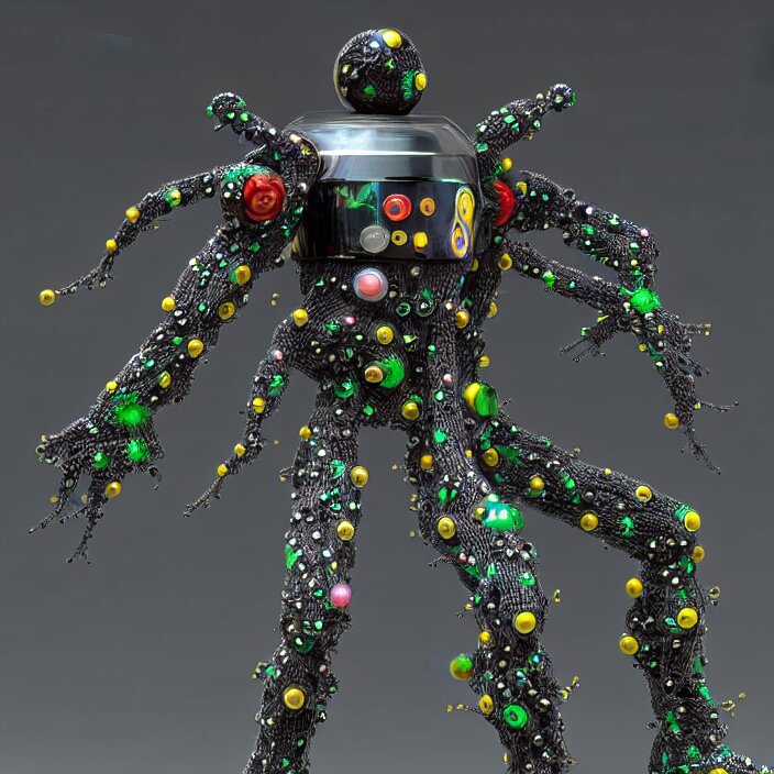 a cybernetic symbiosis of a single astronaut mech-organic eva suit made of pearlescent wearing anodized thread knitted shiny ceramic multi colored yarn thread infected with kevlar,ferrofluid drips,carbon fiber,ceramic cracks,gaseous blob materials and diamond 3d fractal lace iridescent bubble 3d skin dotted covered with orb stalks of insectoid compound eye camera lenses orbs floats through the living room, film still from the movie directed by Denis Villeneuve with art direction by Salvador Dalí, wide lens,