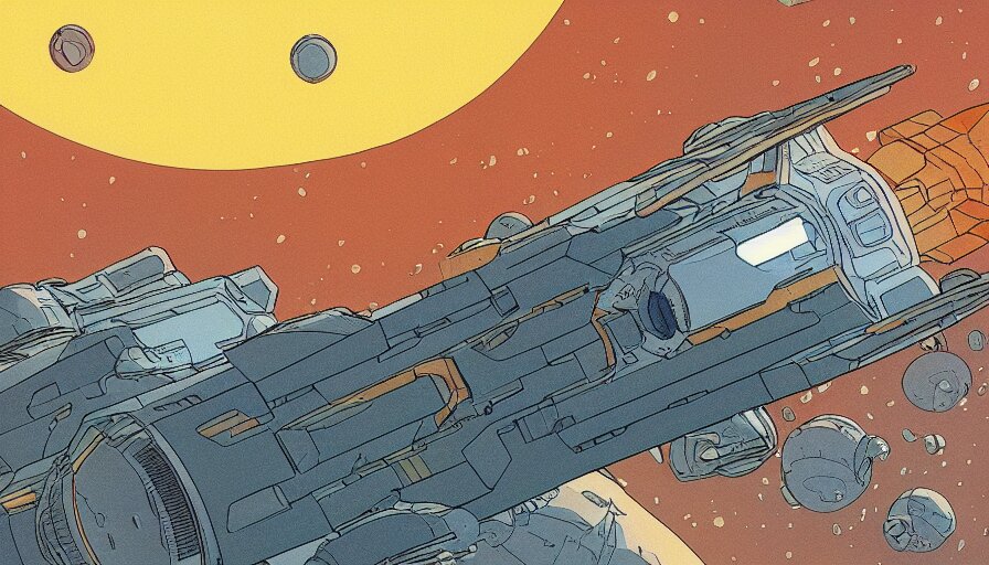 flat color illustration of futuristic spacecraft by moebius and sparth, 