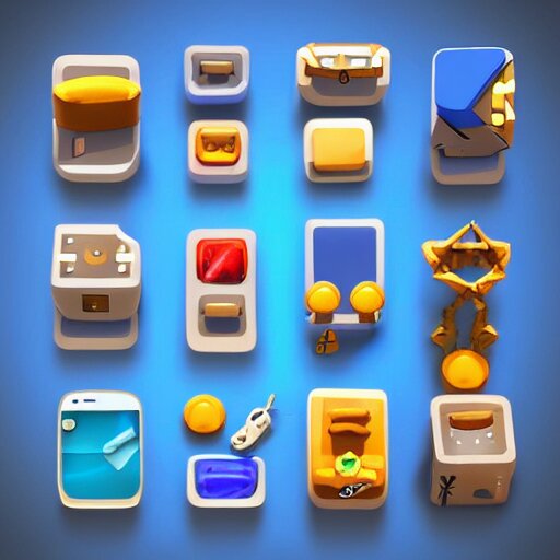 cubby 3 d icons for mobile game, stylized, blue scheme, 