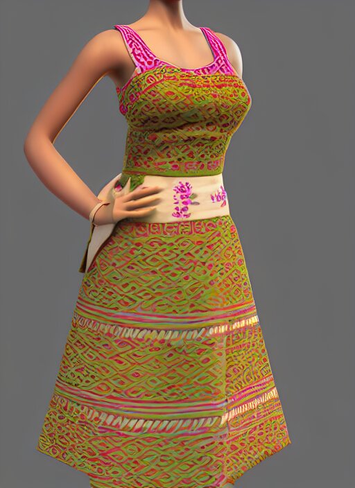 beautiful summer assamese mekehela bihu style floral dress, flirtatious, boho - chic, sleeveless, elegant, short skirt length, slimmer demeanor, plethora of colors ; mini dress ; highly detailed cute face by wlop ; 3 6 0 rotation reference ; octane render, unreal engine 5, trending on artstation, 8 k high resolution, global illumination ray tracing ; symmetrical, cinematic, high coherence, hdr fabric textures 