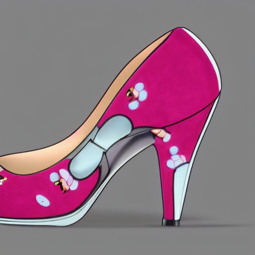 pink suede pumps shoes with slim heels and pointed toes with a happy mickey mouse depicted on it, photorealistic, transluscent, glass, beautiful, architecture, product design, clean, highly detailed, 8 k, ornate detail 