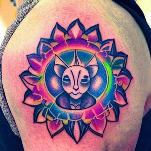 shoulder tattoo of a meditating cute bush baby, eyes are sparkeling rainbow spirals, glowing multicolored chakra symbols, surrounded with colorful lotus leaves, insanely integrate 