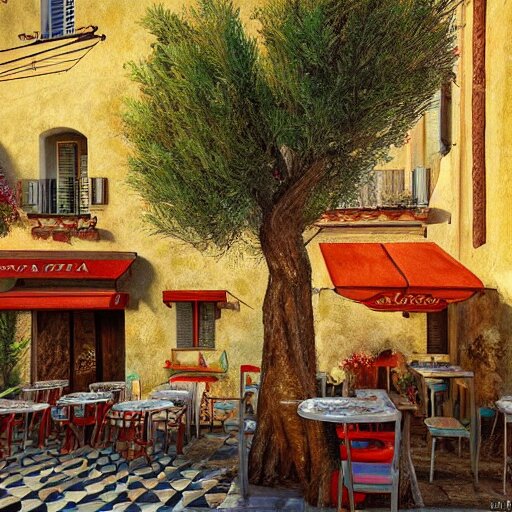 a traditional pizzeria in the street of a small village on the riviera. a terrace in the shade of a hundred - year - old olive tree, a friendly atmosphere around pizzas and rose wine. dolce vita. unreal engine rendering, hyper realist, ultra detailed, oil painting, warm colors, happy, impressionism, da vinci, 