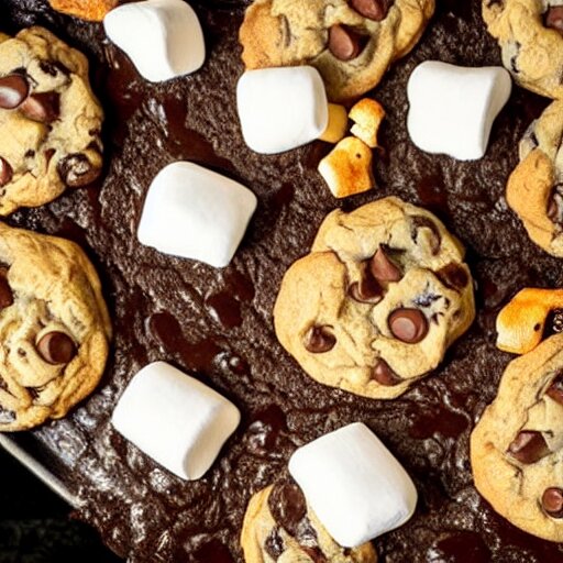 opulent banquet of freshly baked chocolate chip cookies, delicious, glistening, chocolate sauce, marshmallows, highly detailed, food photography, art by rembrandt 