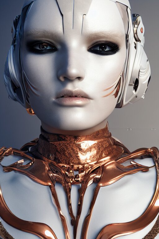 white cyborg fashion shot, copper spiral decorations, white elegant baroque design, smooth heads, headshot half figure, photorealistic, 8k, hyper detailed, unreal engine, trending on artstation,