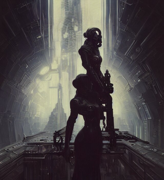 a baroque portrait of a retrofuturistic assassin in light surrounded by advanced architecture. minimalist dark wet architecture with some highly detailed science fiction details, rich colors, high contrast, moody dark background. trending on artstation an ultrafine hyperdetailed colorfull illustration by greg rutkowski, kim jung gi, moebius, irakli nadar, alphonse mucha, ayami kojima, amano, greg hildebrandt, syd mead and mark brooks, female, feminine, art deco, new baroque, intricate linework, colors by frank frazetta 