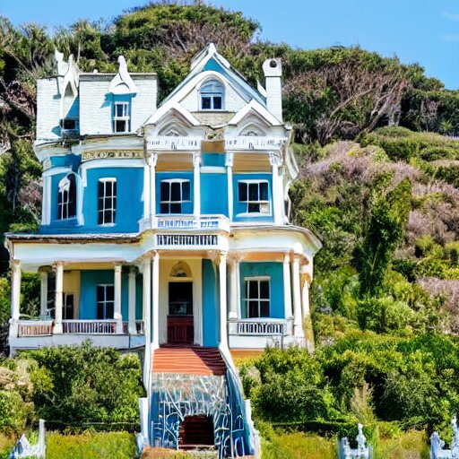 a victorian style 2 story house on top of a hill surrounded by an ocean full of sharks 