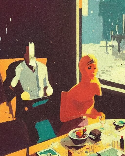 a man and a woman sitting at a table, a screenshot roman muradov and paul lehr and dan mumford, trending on pinterest, barbizon school, movie still, hall of mirrors, filmic 