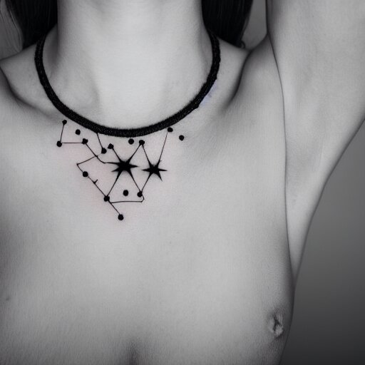 close up studio portrait photograph of a woman's collar bone tattoo of constellation molecules stars chemistry 