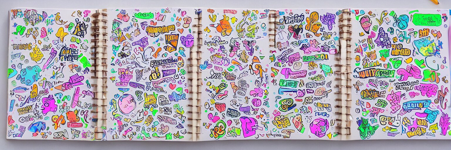 a school notebook covered in doodles, stickers, glitter, and holographic stickers