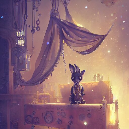 cute steampunk rabbit with a polygonal library walls and glass ceilings showing the stars and hanging silk drapery and tapestries, light dust, magnificent, close up, details, sharp focus, elegant, highly detailed, illustration, by Jordan Grimmer and greg rutkowski and PiNe(パイネ) and 薯子Imoko and 香川悠作 and wlop and maya takamura, intricate, beautiful, Trending artstation, pixiv, digital Art