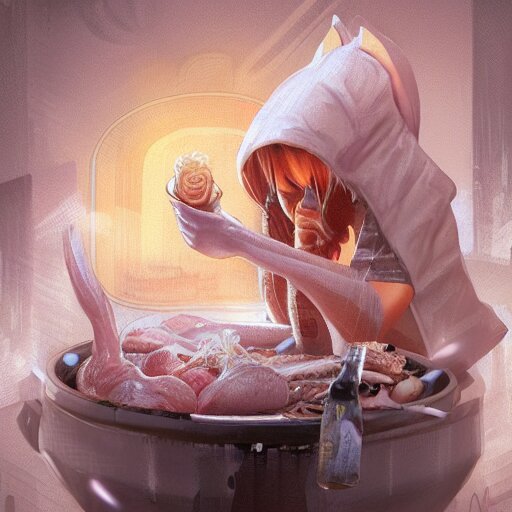 white anthropomorphic female vulpes vulpes fulva, eating ramen from a bowl, in the rain by a noodle kiosk, in crowded and wet street of a city, cyberpunk, harsh neon lights, highly detailed, digital painting, trending on artstation, concept art, sharp focus, illustration, art by artgerm and greg rutkowski and magali villeneuve 