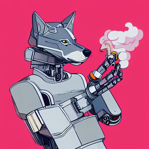 a a robotic wolf smoking a cigarette vibrant lighting, elegant, highly detailed, smooth, sharp focus, illustration, beautiful, geometric, trending on artstation, full body, cinematic, artwork by borovikovsky 