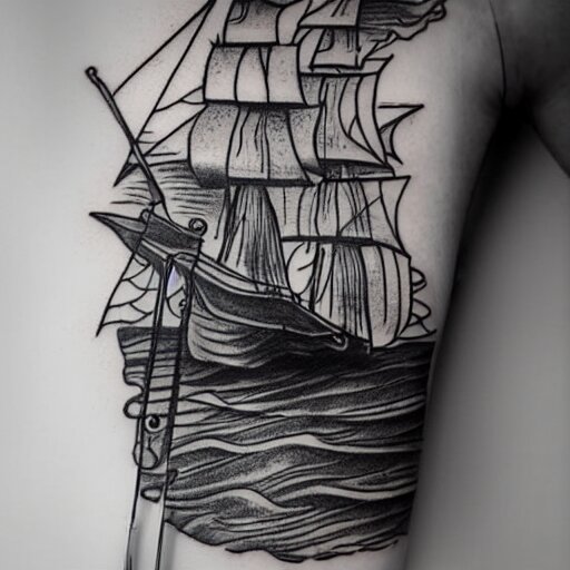 a pirate ship sailing in the sea, realism tattoo design, amazing shades, clean white paper background, in the style of david vega