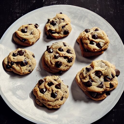 opulent banquet of freshly baked chocolate chip cookies, delicious, glistening, chocolate sauce, marshmallows, highly detailed, food photography, art by rembrandt 