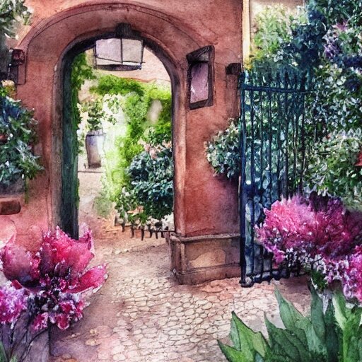 delicate, garden, paved, botanic watercolors, iridescent, 8 k, realistic shaded, fine details, artstation, italian, chairs, iron gate, pine maritime, mediterranean 