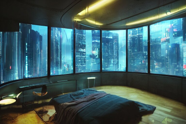 a futuristic bedroom with large curved ceiling high windows looking out to a far future cyberpunk cityscape, cyberpunk neon lights, raining, scifi