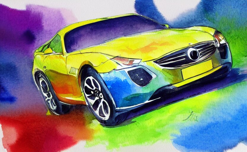 colorful watercolor sketch, sport car 