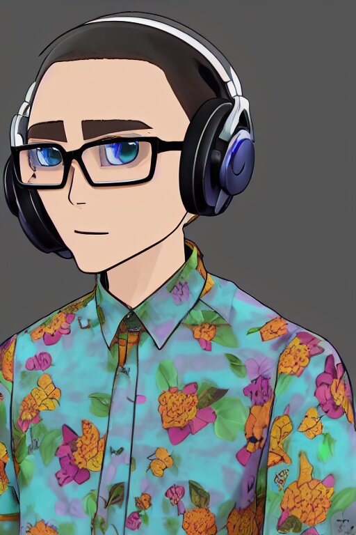 a vrchat avatar man with a buzz cut, a floral print collated shirt, a beaded bracelet, tortoise shell glasses with headphones, anime style, cel shaded, kawaii, cute 