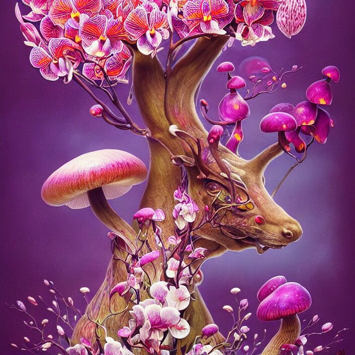 extremely psychedelic animal made of orchid and cherry blossom tree and mushroom, LSD, diffuse lighting, fantasy, intricate, elegant, highly detailed, lifelike, photorealistic, digital painting, artstation, illustration, concept art, smooth, sharp focus, art by John Collier and Albert Aublet and Krenz Cushart and Artem Demura and Alphonse Mucha