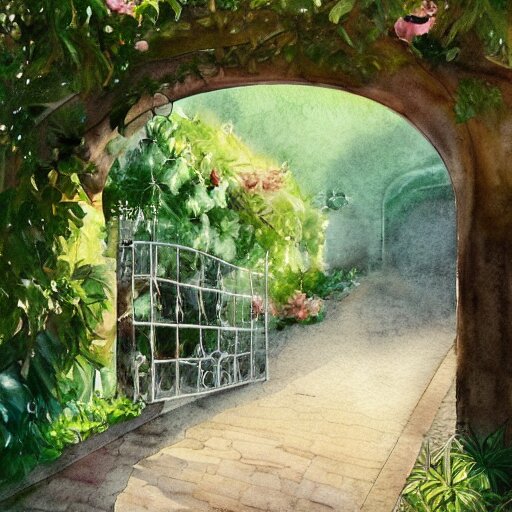 delicate, chairs, garden, paved, botanic watercolors, iridescent, 8 k, realistic shaded, fine details, artstation, italian, iron gate, tree, mediterranean, alien world 