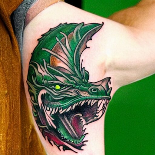 forearm tattoo of a spiraling dragon with a green emerald in its mouth, dark and vibrant forearm tattoo