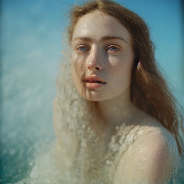 Kodak Portra 400, 8K,ARTSTATION, Caroline Gariba, soft light, volumetric lighting, highly detailed, britt marling style 3/4 ,  extreme Close-up portrait photography of a beautiful woman how pre-Raphaelites, the face emerges from Pamukkale, thermal waters flowing down white travertine terraces ,and hair are intricate with highly detailed realistic beautiful flowers , Realistic, Refined, Highly Detailed, interstellar outdoor soft pastel lighting colors scheme, outdoor fine art photography, Hyper realistic, photo realistic