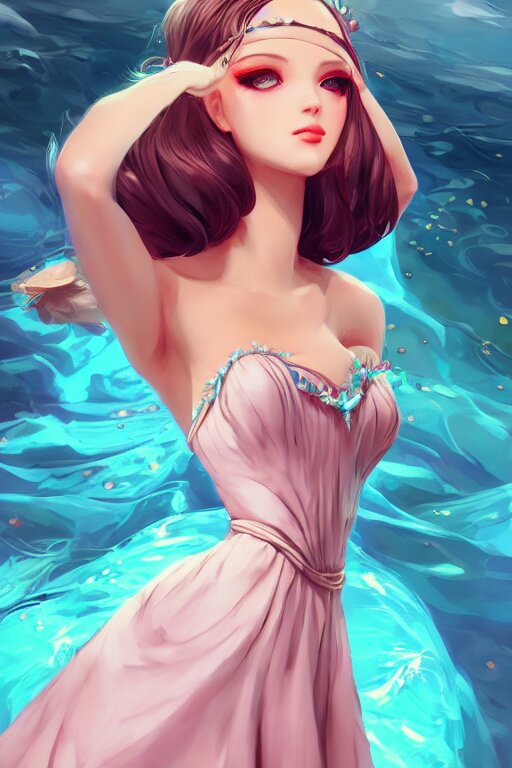 a beautiful fashion goddness of love, chic strapless dress, tropical sea background, character design, in the style of artgerm, and wlop, cinematic lighting, hyperdetailed, 8 k realistic, symmetrical, global illumination, radiant light, frostbite 3 engine, cryengine, dof, trending on artstation, digital art 