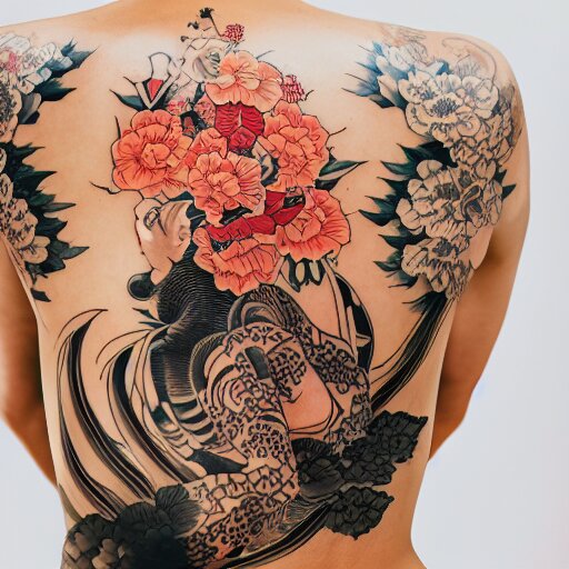 photography of the back of a woman with an detailed irezumi tatto representing a tiger with flowers, mid-shot, editorial photography