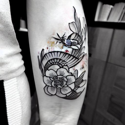 black and white tattoo, koi fish, japanese traditional style, camelia flowers, stylized, 