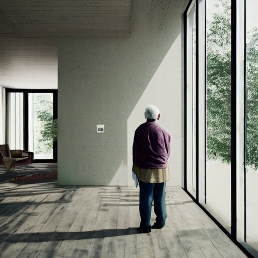 interior of brutalist style housing unit, neoplastic paintings as walls, an old person looking the forest landscape through a tall window, very detailed, octane render, hyperrealistic picture