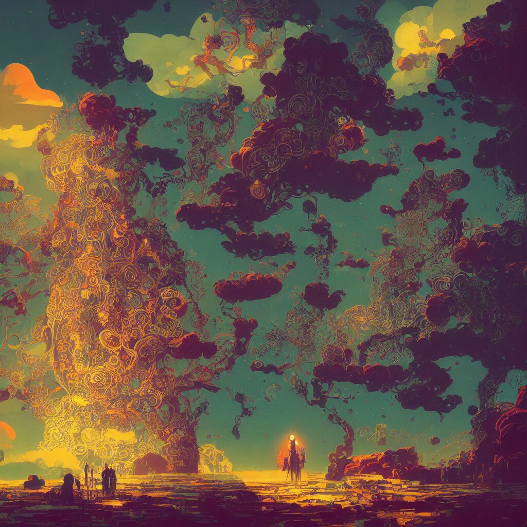 alchemy concept , art by Victo Ngai, Kilian Eng vibrant colors, winning-award masterpiece, fantastically gaudy, aesthetic octane render inspired in beksinski and dan mumford work, remixed with Simon Stalenhag work, sitting on the cosmic cloudscape