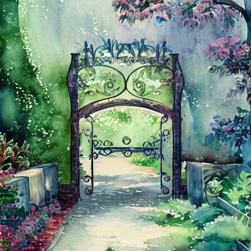 delicate starship, chairs, garden, paved, botanic watercolors, iridescent, 8 k, realistic shaded, fine details, artstation, italian, iron gate, tree, mediterranean, marvelous 