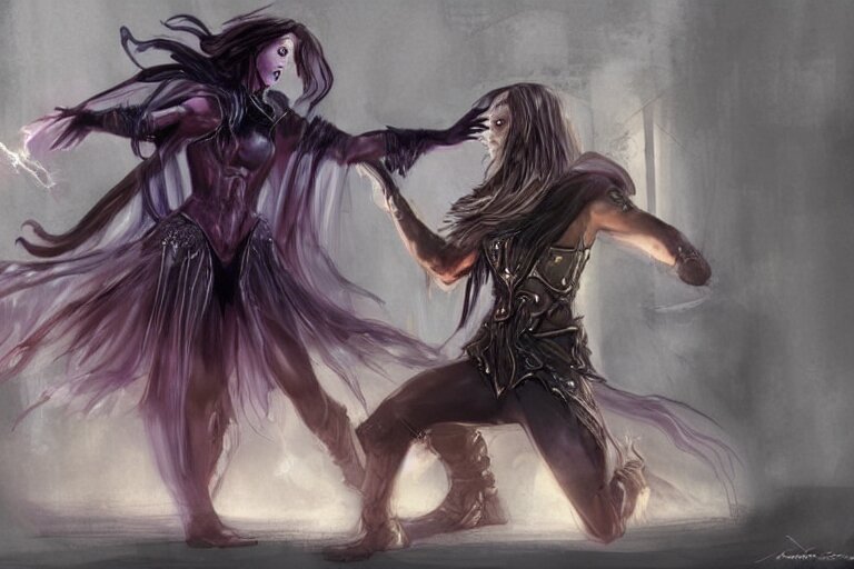 the dark sorceress bestows her magic upon her disciple, which is kneeling in front of her, concept art, trending on artstatio HD