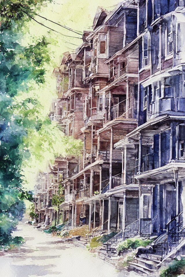 street lined with old residential houses summer watercolor by arti chauhan trending on artstation 