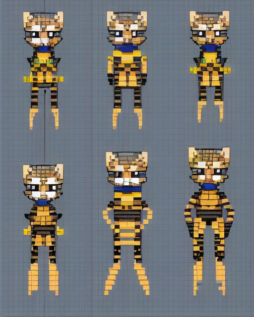 spritesheet pixel art of feline alien main character, isomorphic top down view, transparent