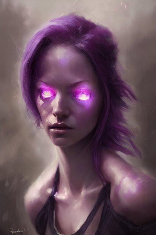 character art by bastien lecouffe - deharme, young woman, purple hair, glowing purple eyes 