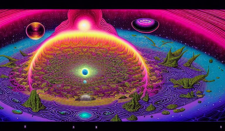 an expansive rendering of beautiful and complex ultimate void and black holes by dan mumford, by jim fitzpatrick, by joe wilson, by jim burns, by victo ngai, by jacek yerka, surrounded with colorful magic mushrooms and rainbowcolored marihuana leaves, insanely integrate, featured on deviant art, trending on artstation 