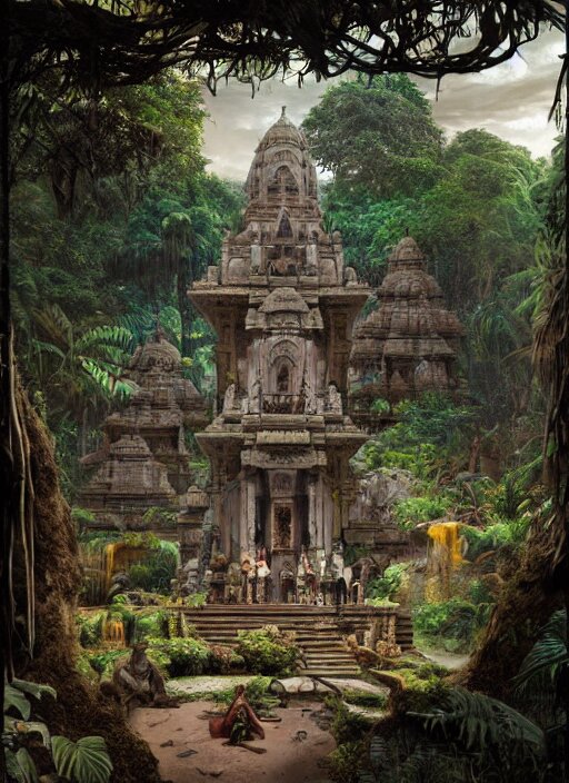 8 k concept art from a hindu temple lost in the jungle by david mattingly and samuel araya and michael whelan and dave mckean and richard corben. realistic matte painting with photorealistic hdr volumetric lighting. composition and layout inspired by gregory crewdson. 