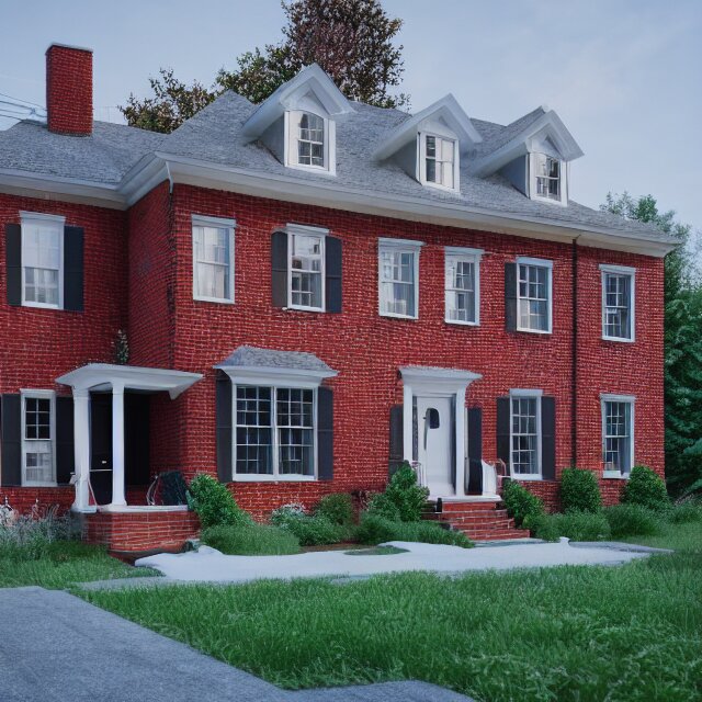 modern new england colonial house with a round blue door, brick cape house, realistic, unreal engine render, octane render, hyper realistic, photo, 8 k 