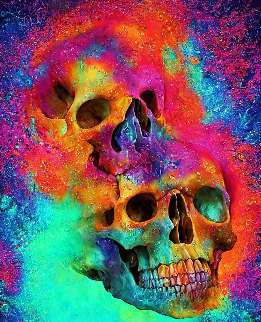 illustration of a colorfull melting human skull. flowers and blossoms, ferrofluids, burning water distortions. intricate abstract. intricate artwork. by tooth wu, wlop, beeple, dan mumford. octane render, trending on artstation, greg rutkowski very coherent symmetrical artwork. cinematic, hyper realism, high detail, octane render, 8 k, depth of field, bokeh. iridescent accents 