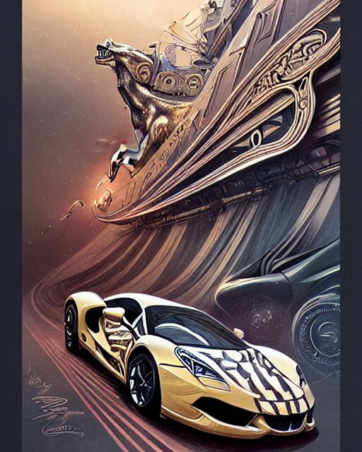 Art nouveau Ferarri car, fantasy, intricate zigzag designs, elegant, highly detailed, sharp focus, art by Artgerm and Greg Rutkowski and WLOP