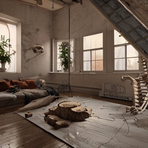 a beautifully decorated loft, interior design, mammoth skeleton in a corner, vray render, 8 k, artstation 