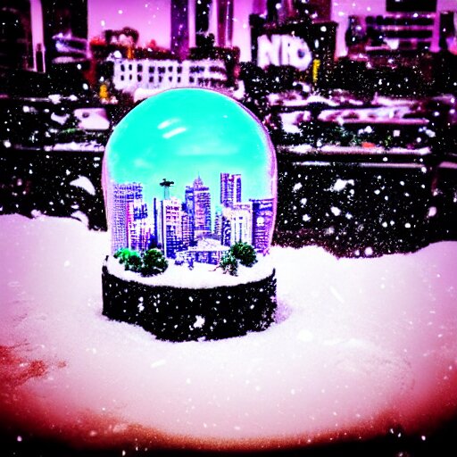 snowglobe of a lofi vaporwave city