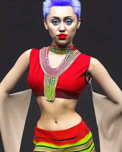 a beautiful cute miley cyrus wearing modern stylish costume in the style of Assamese bihu mekhela sador gamosa design, commercial fashion design art by WLOP, face by artgerm and daz3d genesis iray, cinematic lighting, medium shot, mid-shot, slim female figure ramp walk model pose, highly detailed, trending on Artstation, Unreal Engine 4k, cinema 4d multi-pass ray traced, 8k fabric texture details, octane render, diffused natural skin glow