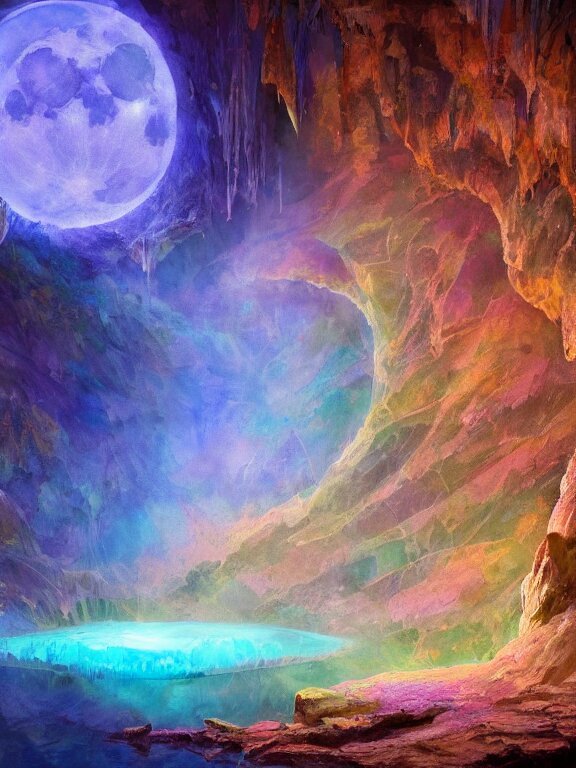 a ultradetailed beautiful concept art of the crystal formation of the prismatic crystal of hope is filled with the wonderful colors of the emotion around it in a forgotten cave lighten by the moon light and reflecting on the surface of a quiet lake, concept art, high resolution 4 k, by artgeem 