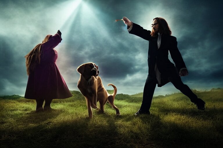 puppy wizard casting a magic spell on an evil witch, majestic pose, dramatic lighting, cinematic scene 