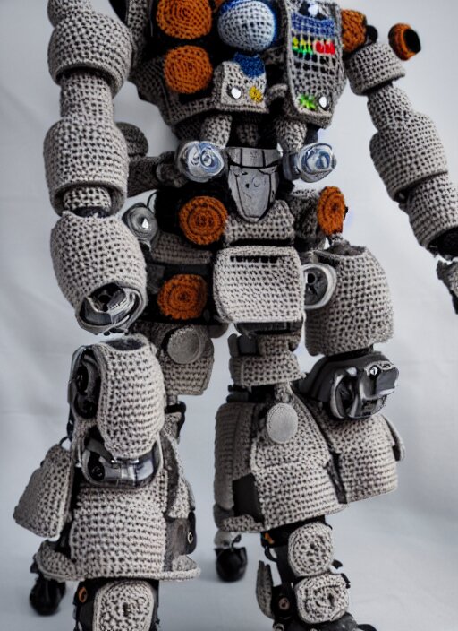 a crochet mecha, realistic, intricate, many details, no cropping, full body, Sigma 50 mm f/1.4